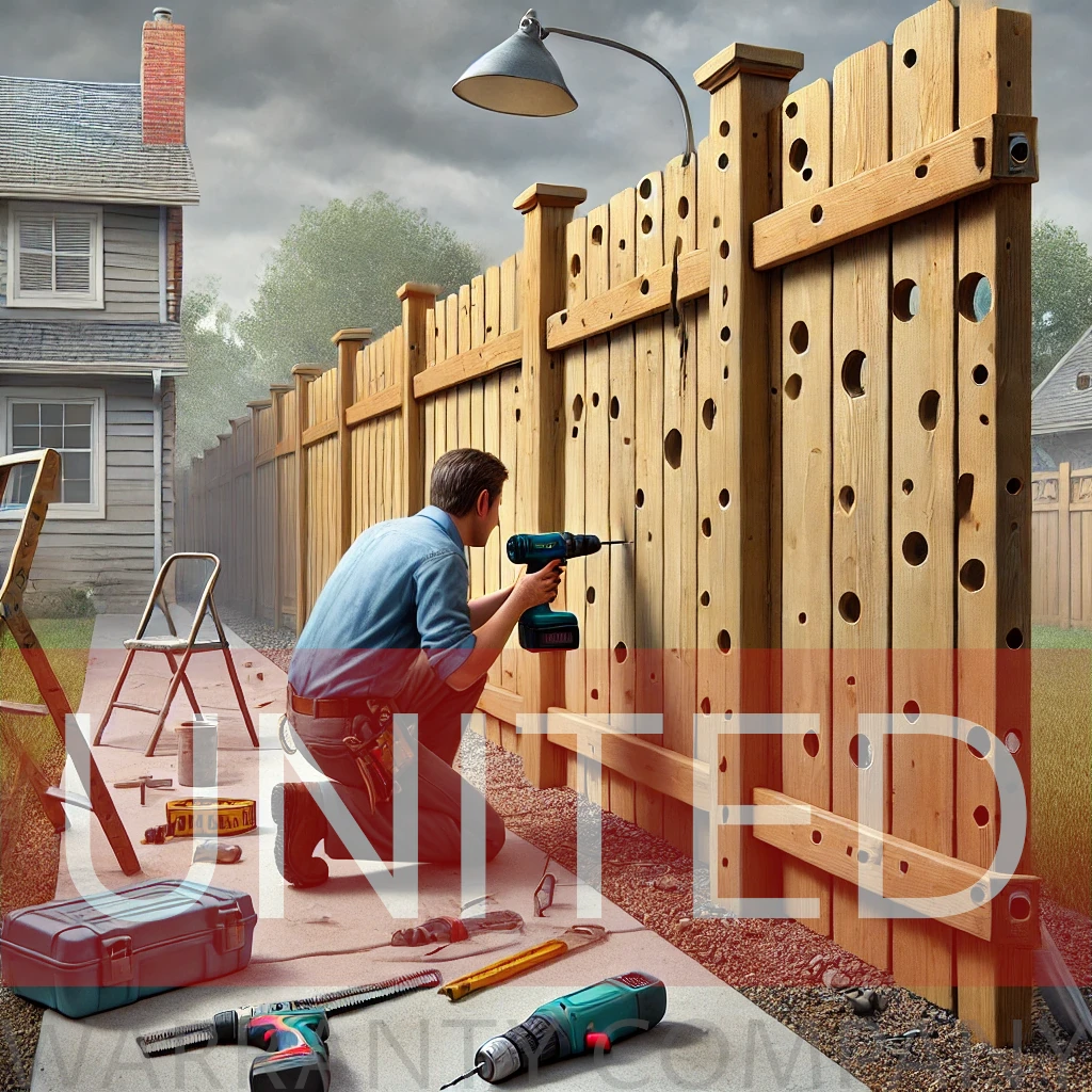 A realistic illustration depicting a voided warranty of a newly installed fence.